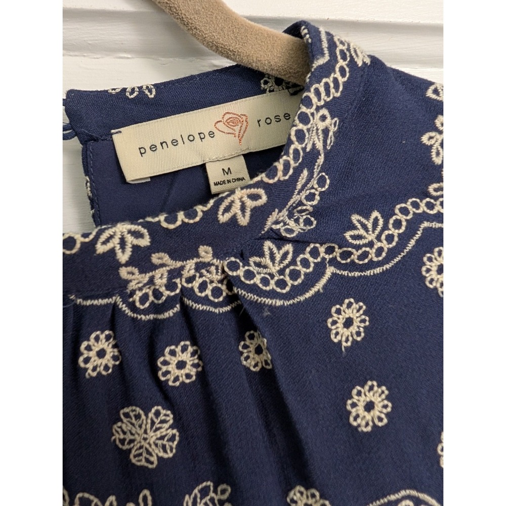 Floral Embroidered Mini Smock Dress with Flare Flowly Sleeve Sz M Navy White - Picture 4 of 5